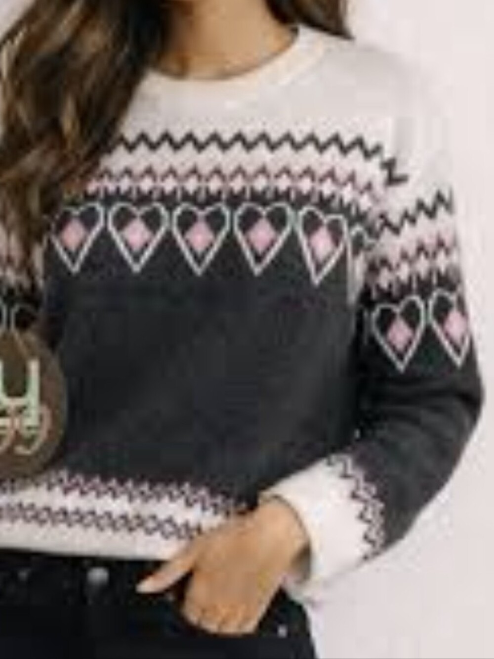 NWOT Philosophy Dark Grey & Pink Heart Fair Isle Crewneck Sweater,size L